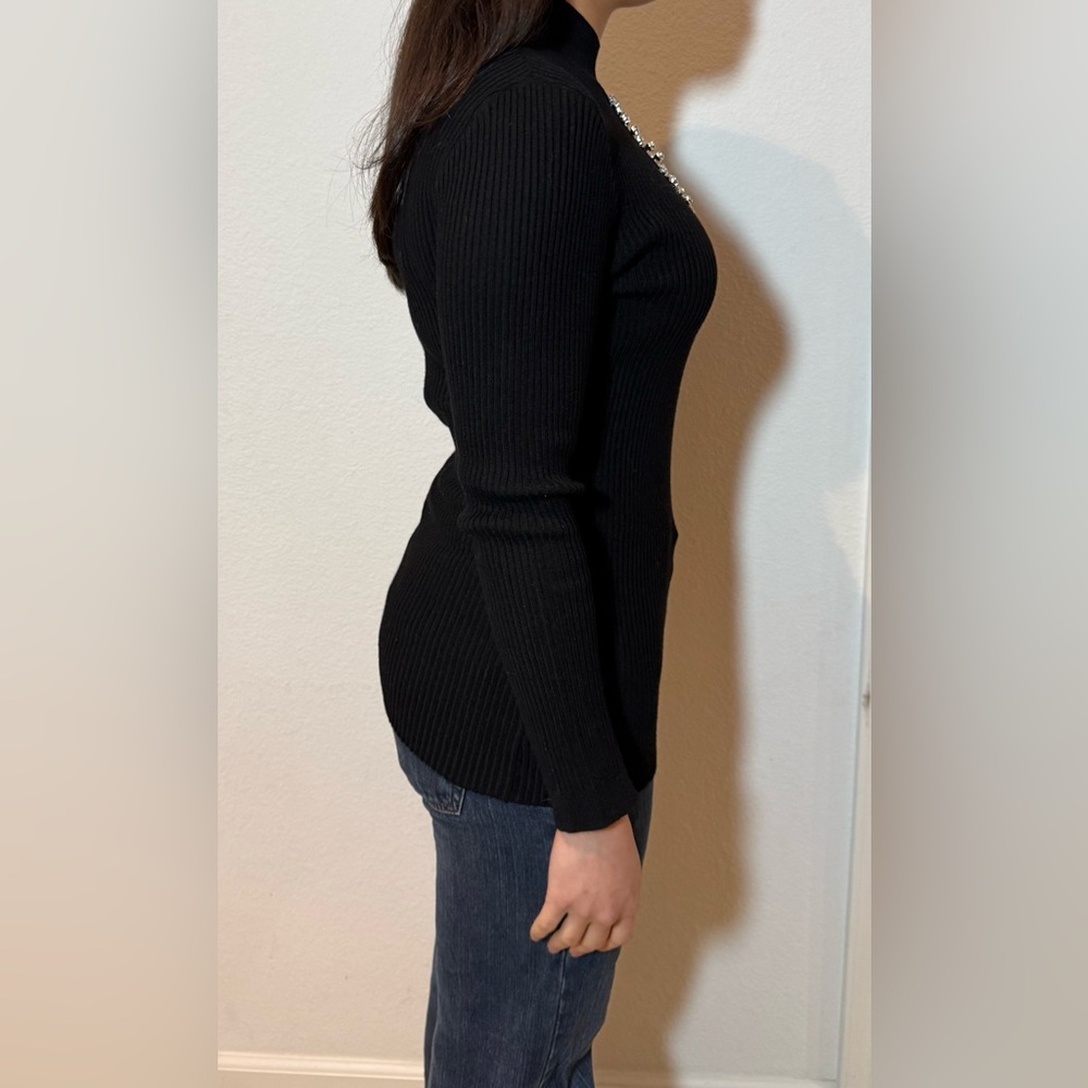 Black Ribbed Long Sweater with Rhinestone Embellishment - Picture 3 of 10